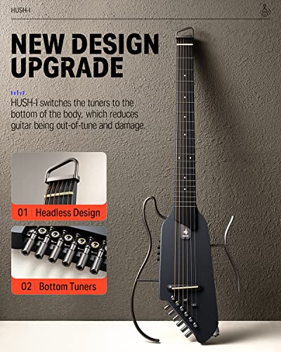 Donner HUSH I Guitar For Travel - Portable Ultra-Light and Quiet Performance Headless Acoustic-Electric Guitar, Mahogany Body with Removable Frames