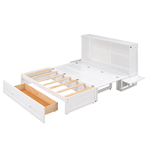 Queen Size Murphy Bed Wall Beds with Storage Shelves,Hide Away Bed Frame Easily Folds into Wood Cabinet,W/Mattress Holder,for Small Space,Guest Room
