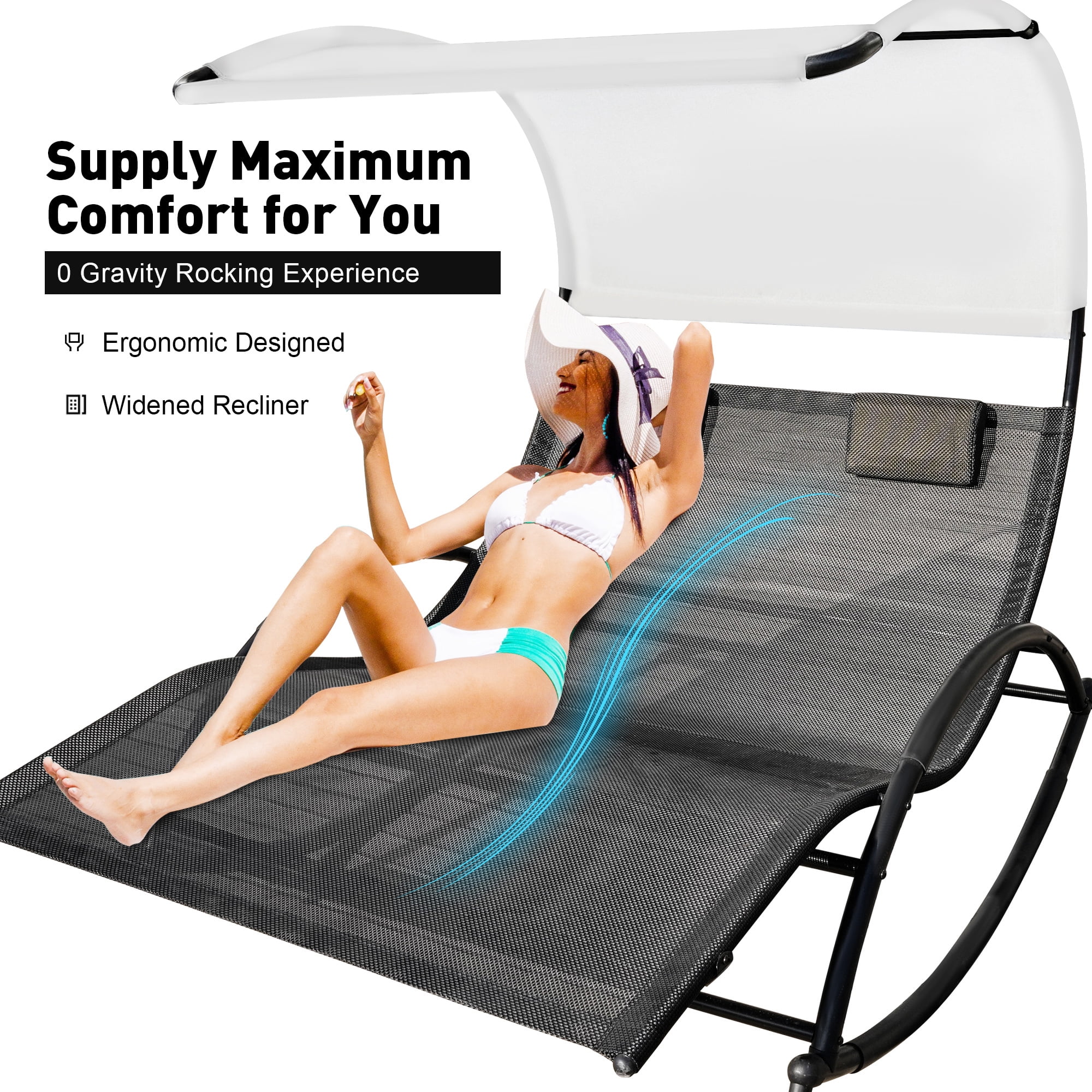 Outdoor Patio Chaise Lounge,Double Sun Lounger with Canopy, Removable Pillows for All Weather for Poolside, Patio, Beach, Yard, Deck