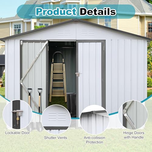 8x6 FT Outdoor Storage Shed, Metal Tool Shed with Lockable Doors, Peaked Roof & Frame Floor