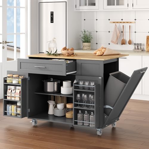 Kitchen Island with Storage, 31.5" D Rolling Kitchen Island Cart on Wheels with Widen Drop Leaf Rubberwood Top