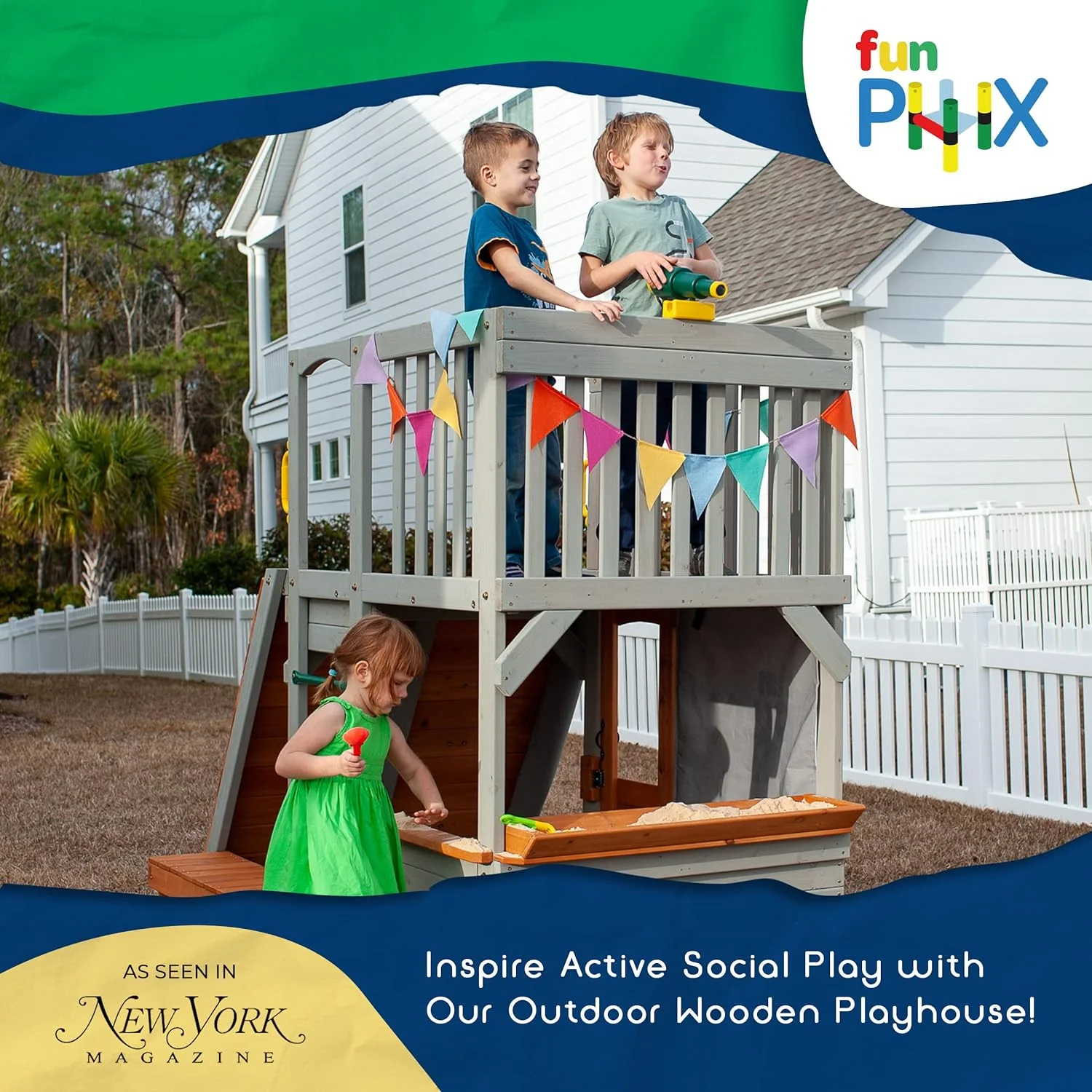Large Playhouse for Kids Outdoor - Funphix Wooden Playhouse with Sandbox, Bench, Play Telescope, Ladder, Climbing Ramp & Doors