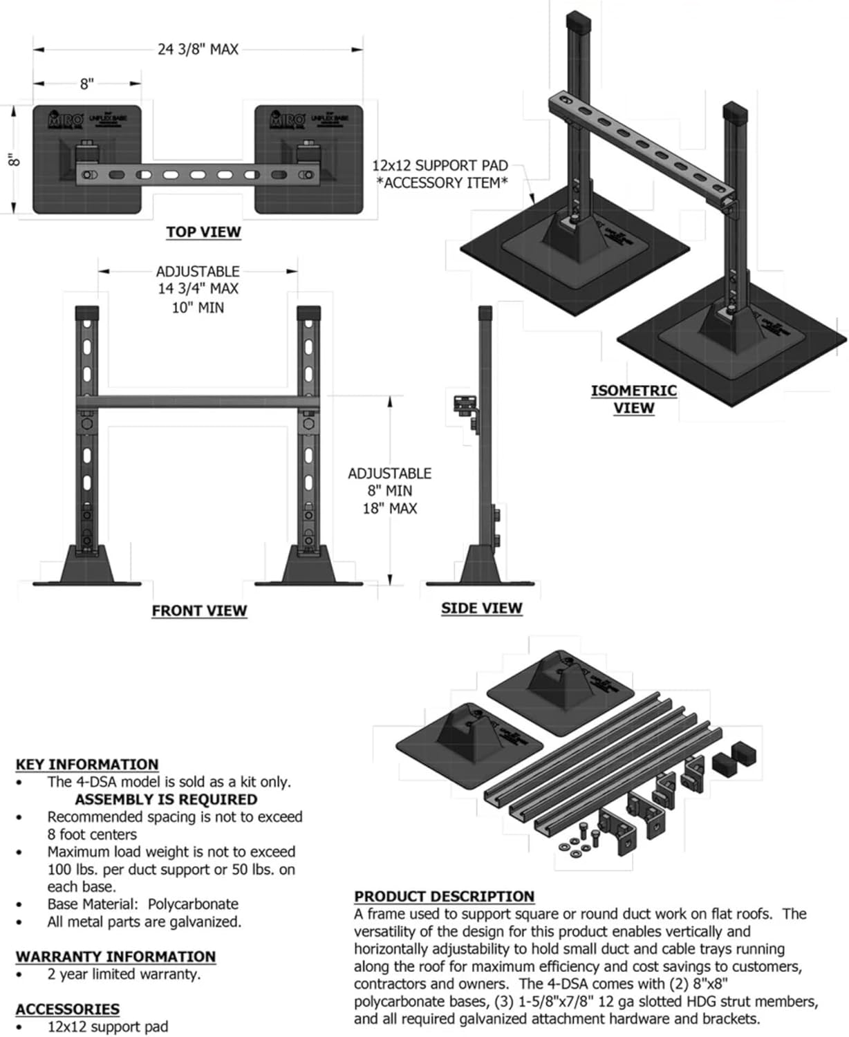 4-DSA Rooftop Duct Support - 12 Gauge 1-5/8″ x 7/8″ Slotted Strut - HVAC Ducting Support for Various Utilities on Flat Roofs