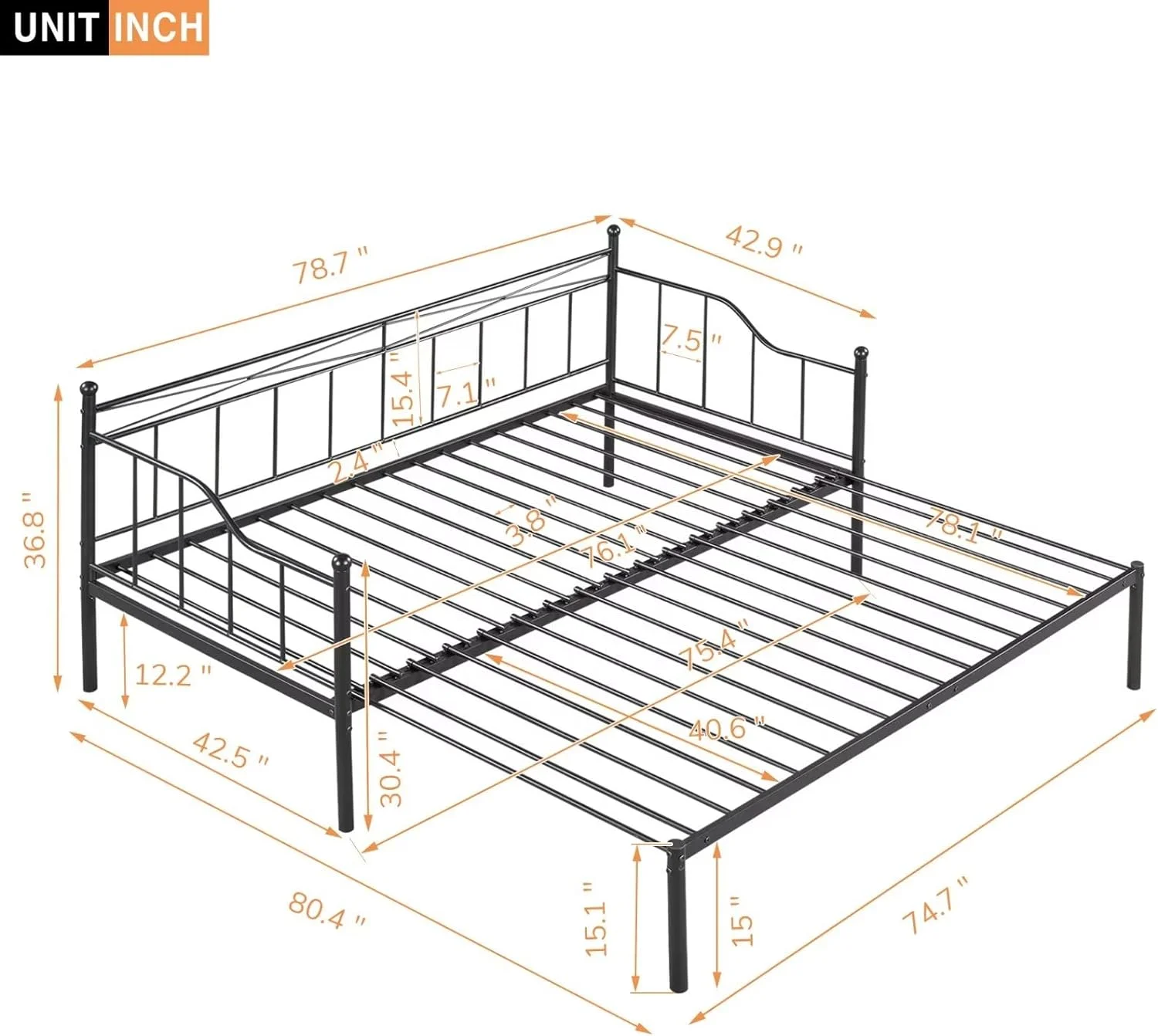 Metal Daybed with Trundle, Twin Size Daybed Frame with Heavy Duty Slats, Modern Space Saving Sofa Bed for Bedroom Living Room