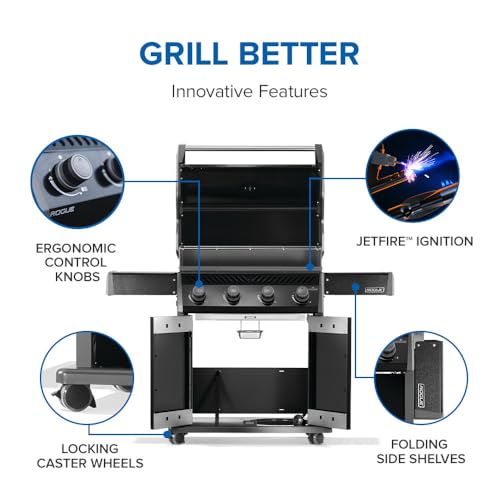 Napoleon Rogue 525 Propane Gas Grill, Black, Stainless Steel Grids, Durable 4-Burner Grill