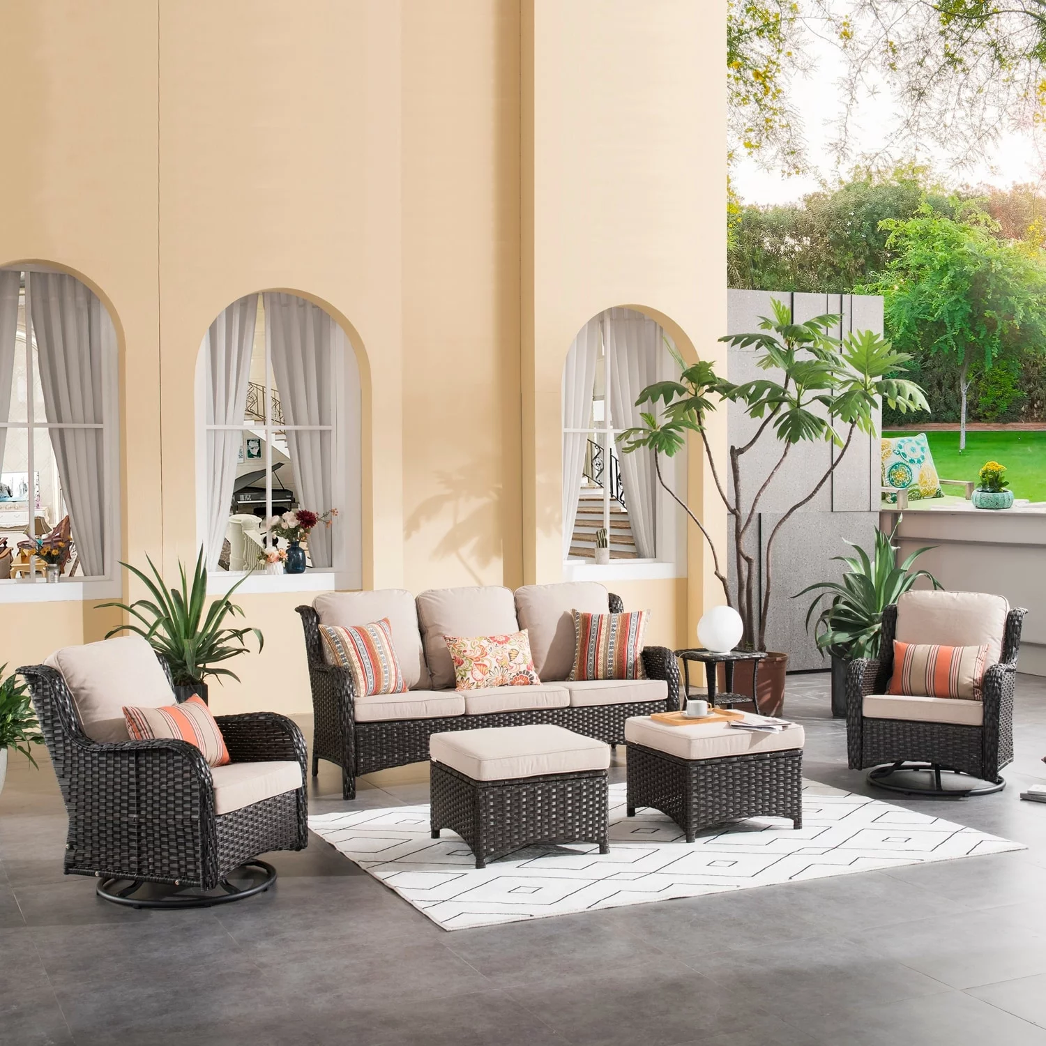 OVIOS  6-piece Rattan Wicker Patio Furniture Set Swivel Rocking Chair Set Navy Blue