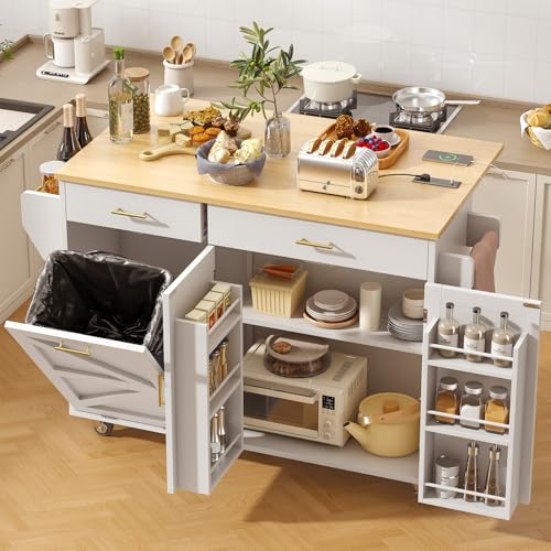 51.8" Kitchen Island Cart with Trash Can Storage, Kitchen Island on Wheels with Power Outlet & Drop Leaf