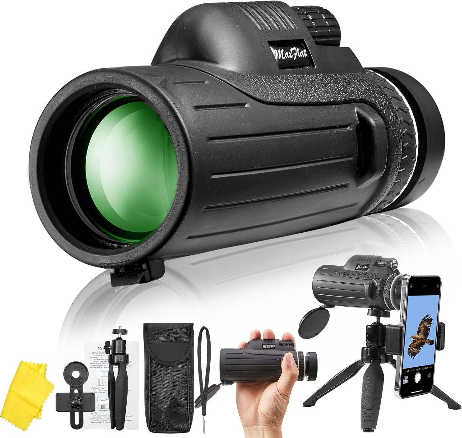 MaxFlat 12x55 High Definition Monocular Telescope, 2022 High Power BAK4 Prism & Waterproof Pocket Monocular with Smartphone Holder