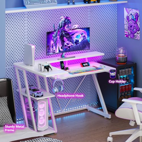 55 Inch Gaming Desk with Power Outlet & LED Lights, L Shaped Gamer Computer Table with Storage Shelves for Bedroom, Corner Home Office Desk
