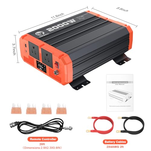 TOPBULL Power Inverter Pure Sine Wave 12V DC to 110V/120V AC Off-Grid Solar Power Inverter with USB, Type-C Port