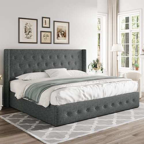 Allewie Full Size Lift Up Storage Bed, Modern Wingback Headboard, Hydraulic Support, No Box Spring Needed, Light Beige