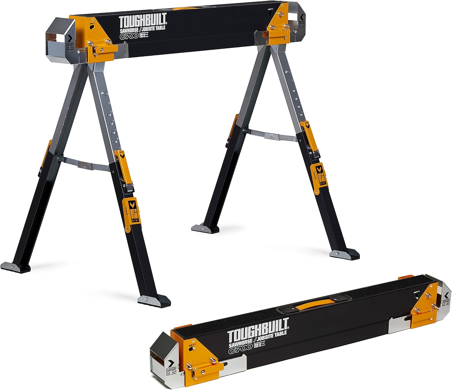 ToughBuilt - Folding Sawhorse - Sturdy, Durable, Lightweight, Heavy-Duty, 100% High Grade Steel - Adjustable up to 4x4 Size Support Arms