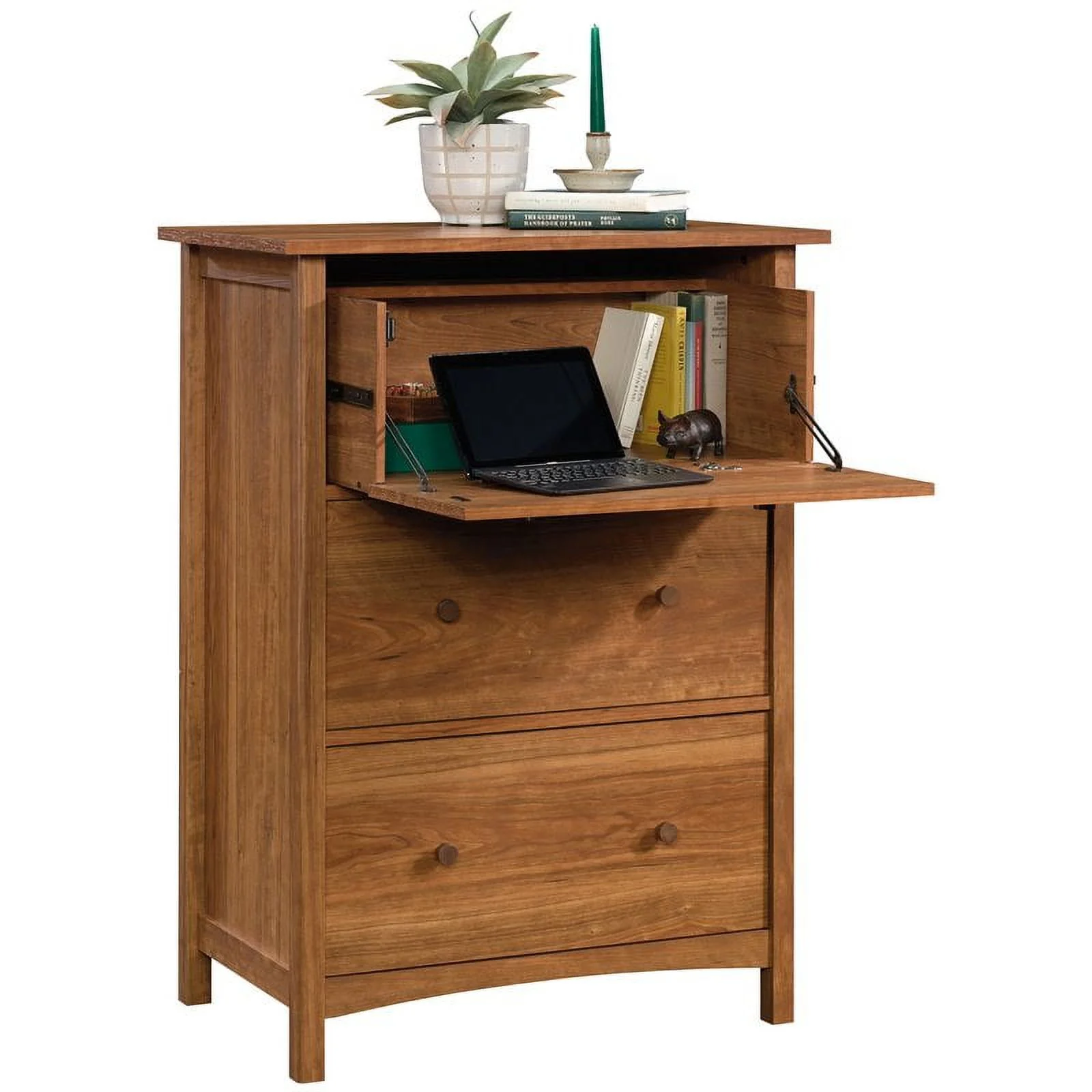 Pemberly Row Engineered Wood Secretary Desk/Chest in Prairie Cherry