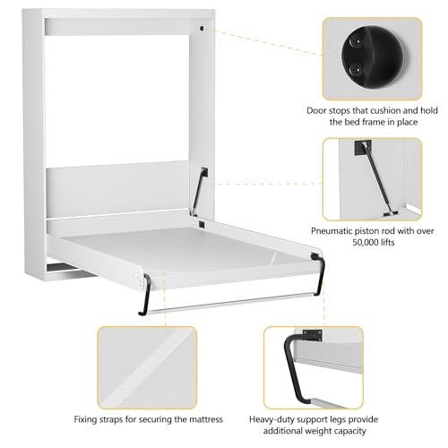 ROOMTEC Twin Size Murphy Wall Bed, White, Space-Saving Furniture Bed Frame for Bed Room,Guest Room,Home Office