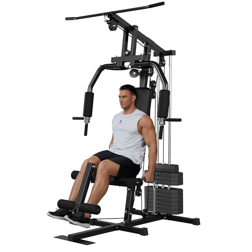 Multifunctional Home Gym Equipment, Home Gym Station with Pulley System, 150LBS Weight Stack Exercise Machine for Full Body Strength Training