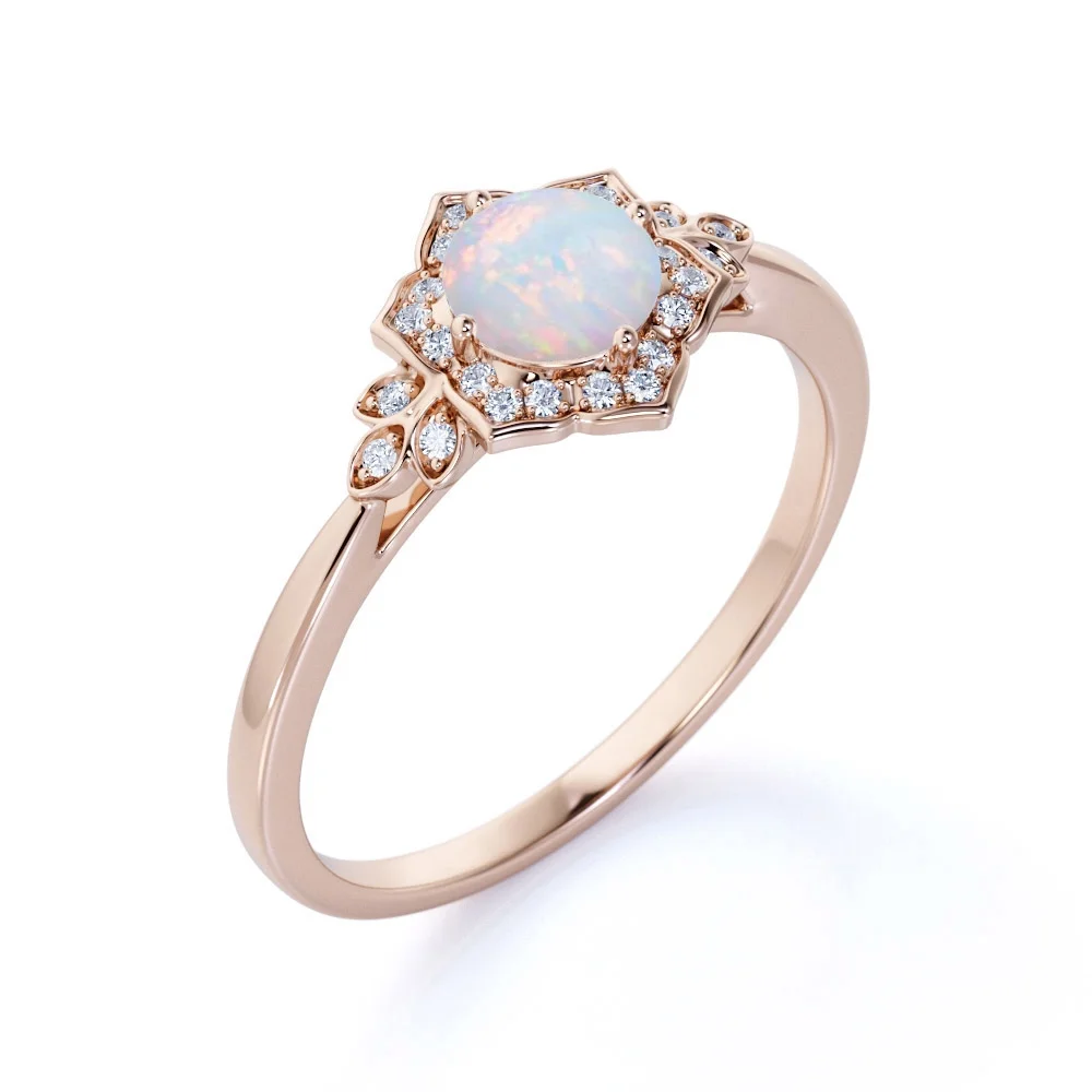 JeenMata Vintage 1.75 ct Round Ethiopian Opal and Moissanite Engagement Ring in 18K Rose Gold over Silver