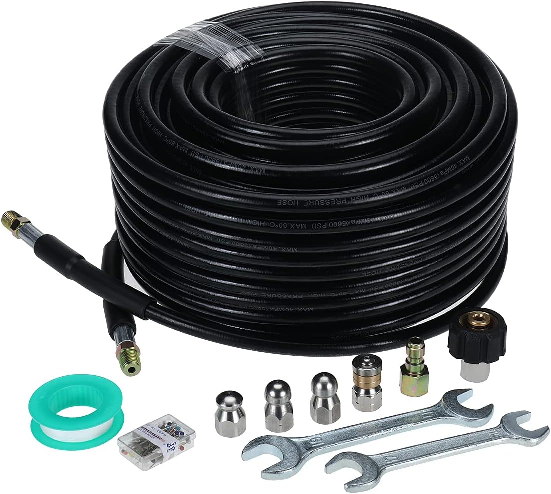 SanSanYa 100FT Sewer Jetter Kit for Pressure Washer 5800 PSI Drain Cleaning Hose 1/4 Inch NPT Button Nose & Rotating Sewer Jetting Nozzle Spanners