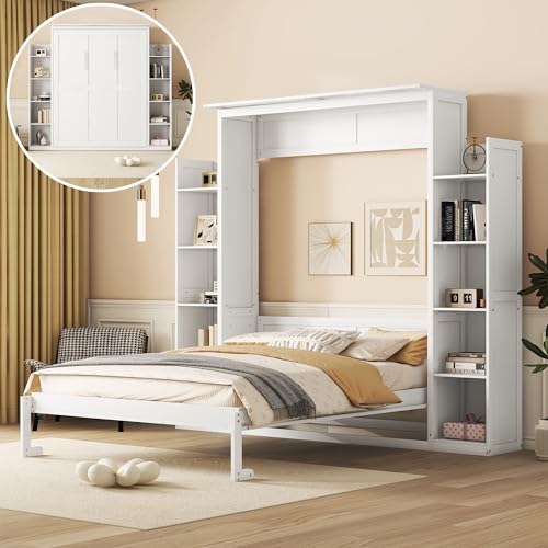 Harper & Bright Designs Queen Size Murphy Bed Wall Bed with Storage Shelves and LED Lights, Space-Saving for Multipurpose Guest Room or Home Office