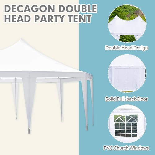 EROMMY 26x19ft Party Tent, White Wedding Tent, Decagonal Heavy Duty Canopy with 8 Removable Sidewalls, 8 Church Windows and 2 Pull-Back Doors