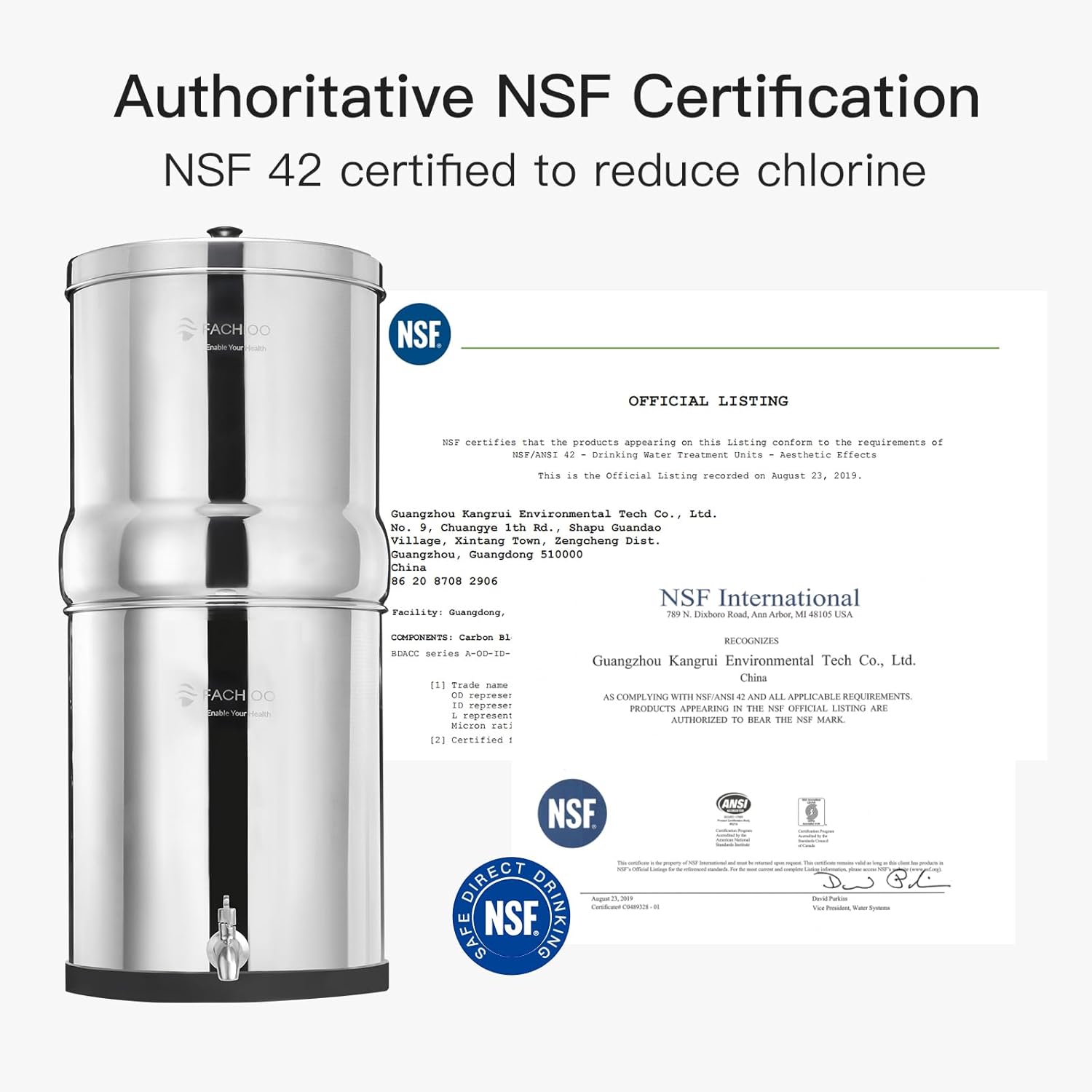 Gravity-fed Water Filter System, NSF/ANSI 42&372 Standard, 2.25G Stainless-Steel System with 4 Filters, Reduces Fluoride and Chlorine
