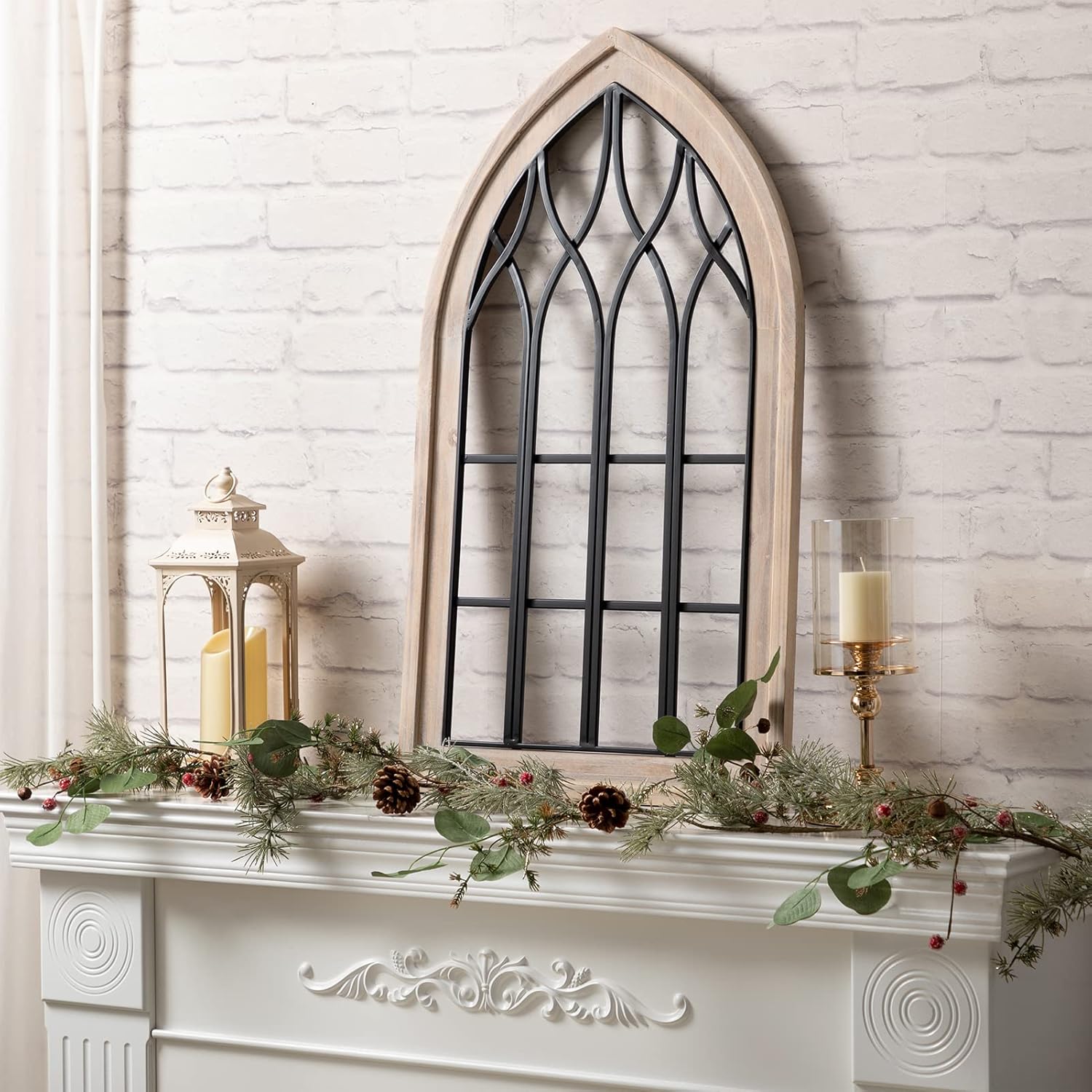 ALIMORDEN Gothic Style Arched Wood and Metal Rustic Window Pane Decorative Cathedral Window Frame