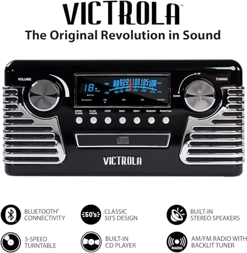 Victrola Haley Retro Bluetooth Record Player & Multimedia Center with Built-in Speakers - 3-Speed Turntable, CD Player, AM/FM Radio, 3.5mm Aux-In