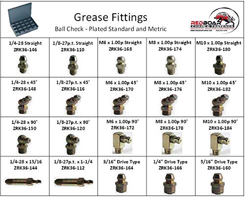 Grease Fittings (Ball Check - Plated Standard and Metric) Large 20 Hole Metal Drawer Assortment (18”w x 12”d x 3”h)