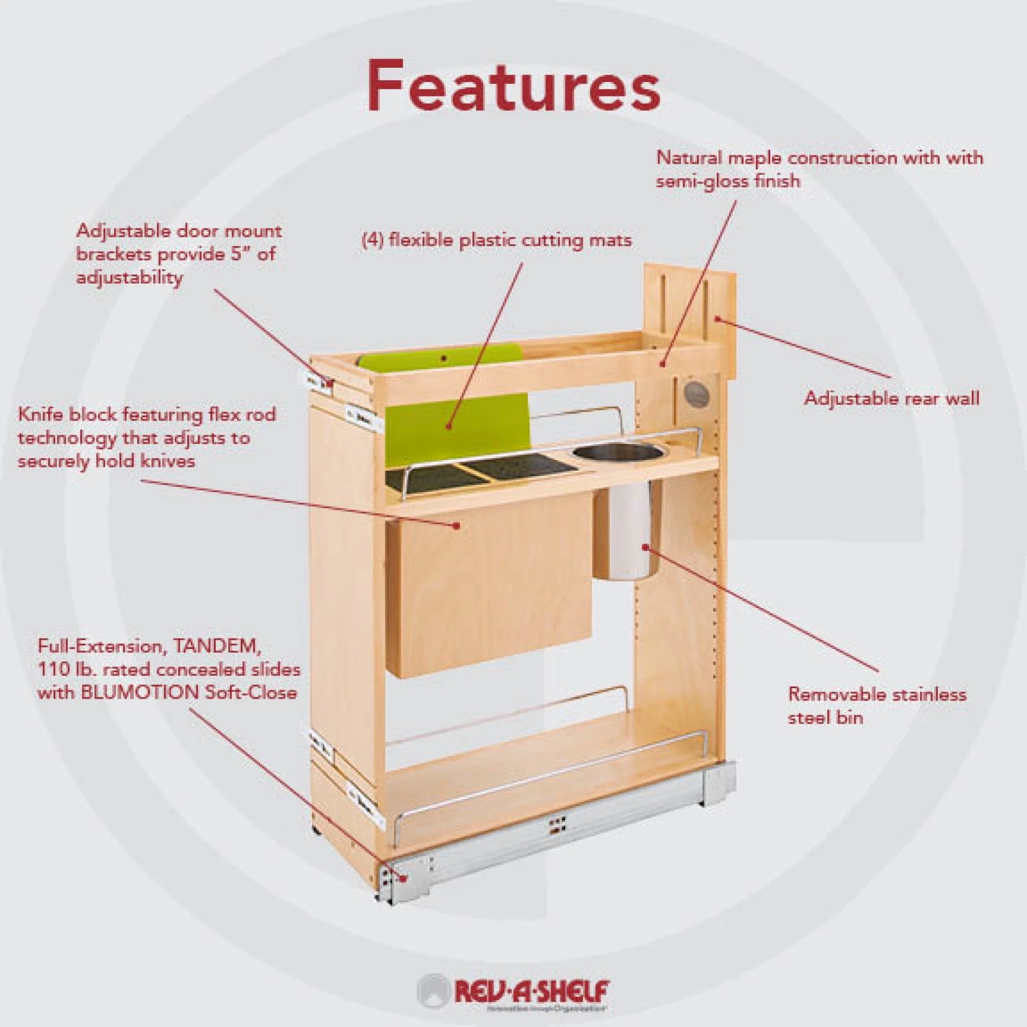 Rev-A-Shelf 8 Inch Pullout Cabinet Organizer with Universal Knife Block - Radiant Selections