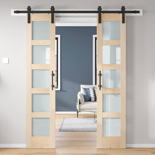 42x84 inch Glass Sliding Barn Door Slab with 7ft Hardware Kit Included, 5-Panel Frosted Glass, Spruce Wood Support DIY Dyeing, Easy Assembly