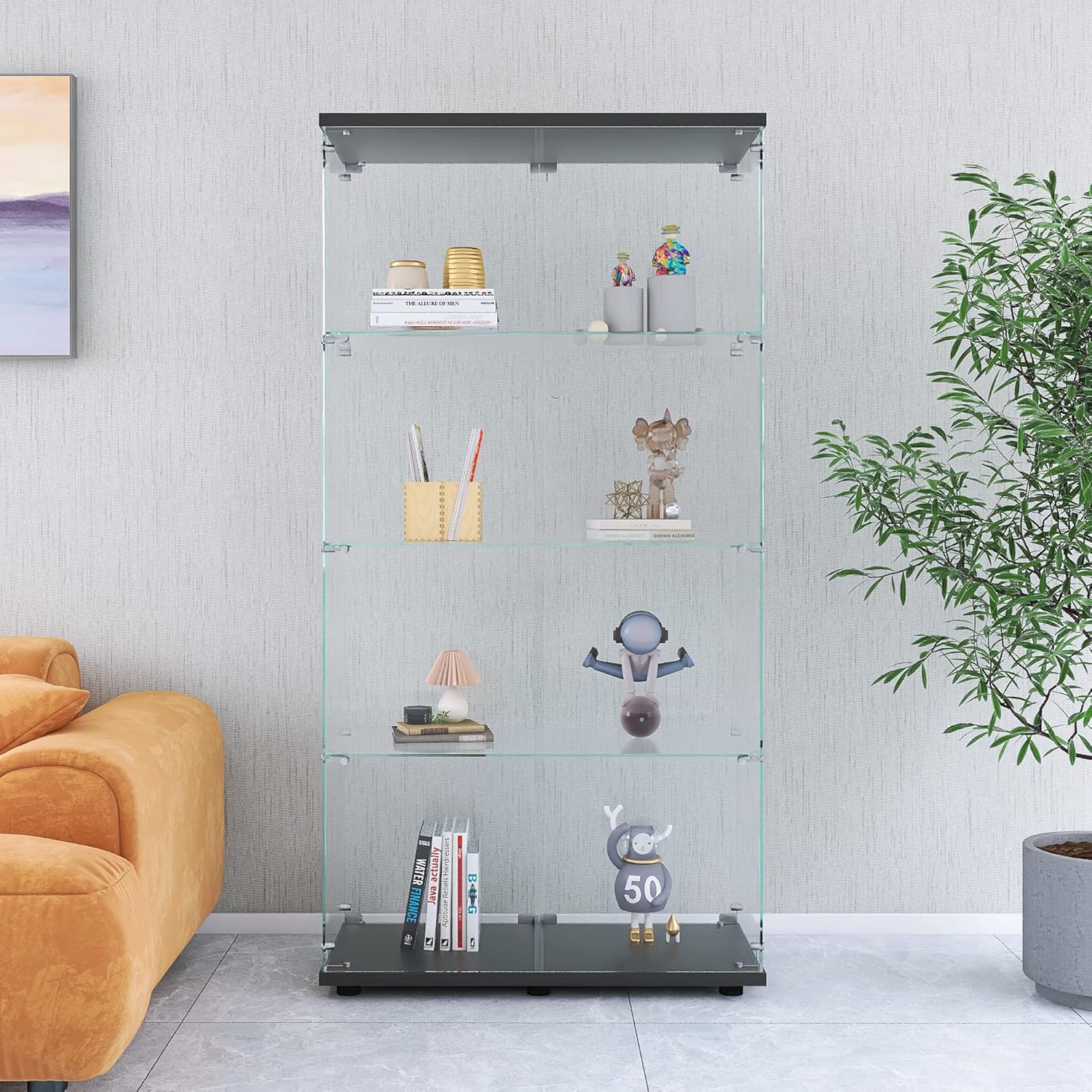 4-Shelf Glass Display Cabinet with Double Door, Fast Installation in 30 Mins, Curio Cabinets 5mm Tempered Glass Floor Standing Bookshelf for Bedroom