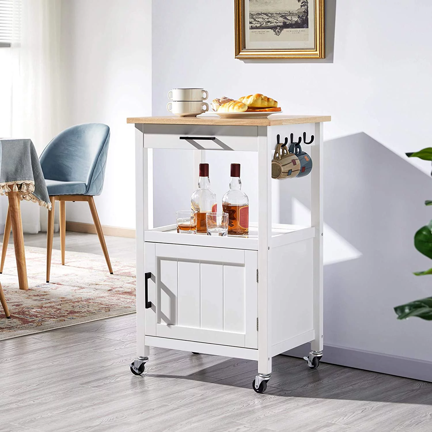 Rolling Kitchen Island with Single Door Cabinet, Kitchen Cart with Drawer on Swivel Wheels