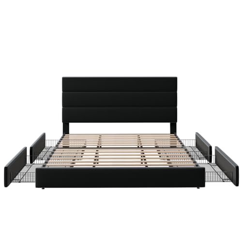 Allewie Modern Full Size Platform Bed Frame with 4 Storage Drawers and Velvet Upholstered Headboard, Wooden Slats Support