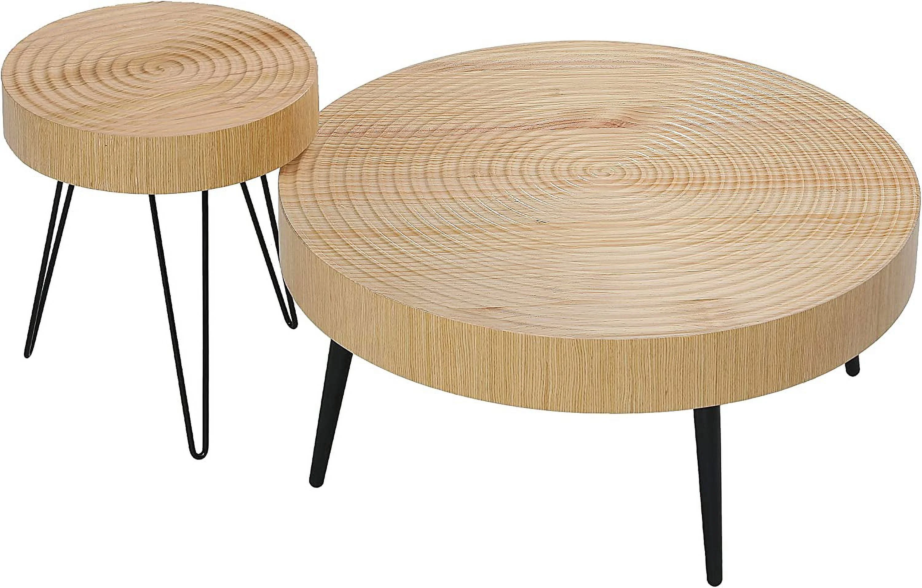 KHBIULIFE 2 Pieces  Round Wood Coffee Table Set  Farmhouse Circle Living Room Table Set of 2  Modern Ring Motif Natural Wood Finish Side and End
