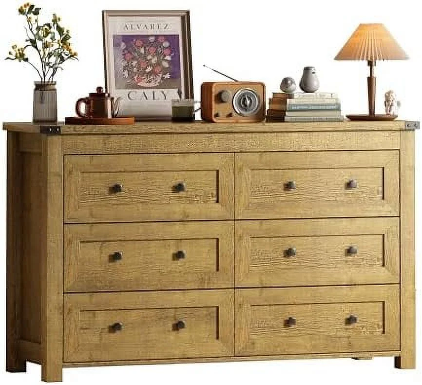 HJZUINIUNIU Farmhouse Dresser for Bedroom with 6 Drawers  Wood Rustic Wide Chest of Drawers   Dressers Organizer for Closet Hallway  Living Room