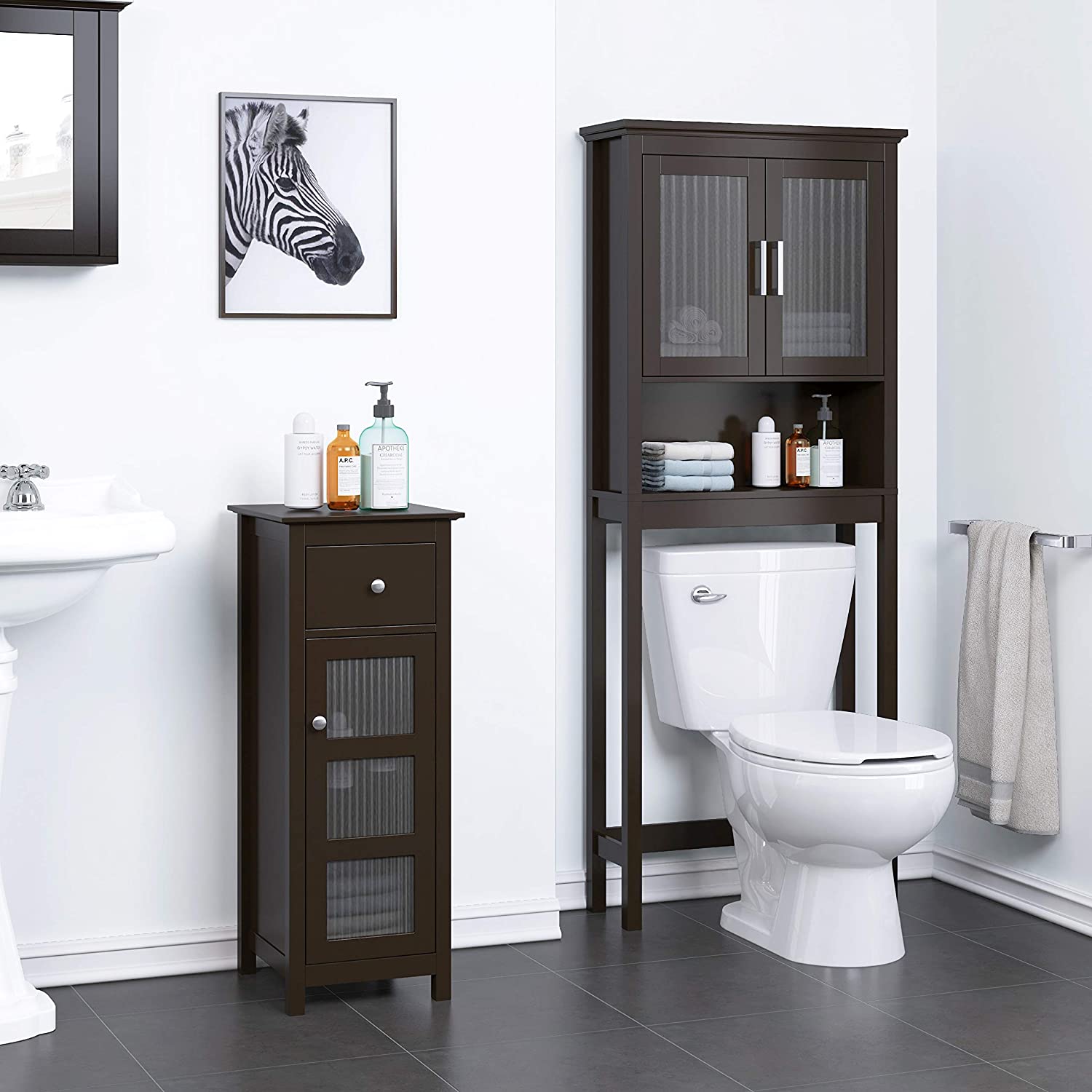 Spirich Home Bathroom Cabinet Over The Toilet, Bathroom Storage Cabinet with Windowpane Glass Doors and Adjustable Shelves