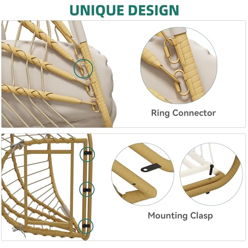 YITAHOME Hanging Egg Chair Without Stand, Rattan Wicker Swing Egg Chair with Light String & Resistant Cushion, 300lbs Capacity