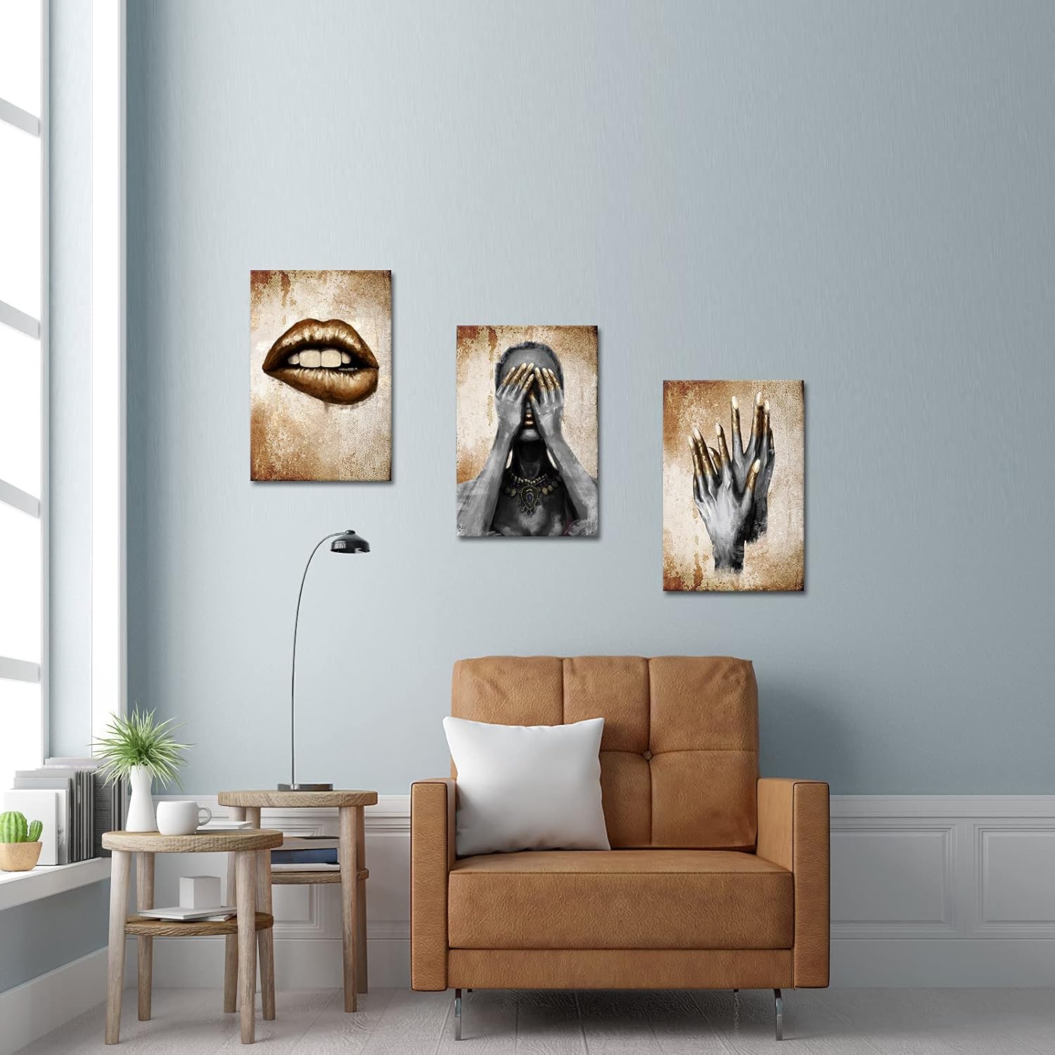 LevvArts 3 Piece African American Wall Art Fashion Black Woman with Golden Lip Nail Painting Poster Canvas Print for Home Beauty Room Bedroom Salon