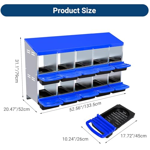 Chicken Nesting Box, 10 Hole 2 Layer Hen Nest Box with Legs, Roll Away Eggs Laying Boxes,Cleanable Pull Out Hen Roosting Boxes