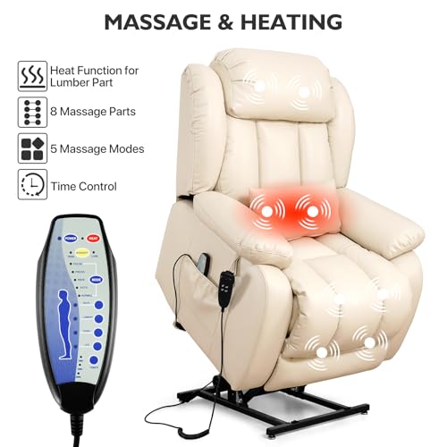 EDILLY Large Genuine Leather Power Lift Recliner Chairs for Elderly, Dual Motor with Massage and Heating,Double Lumbar Cushion and Extended Footrest