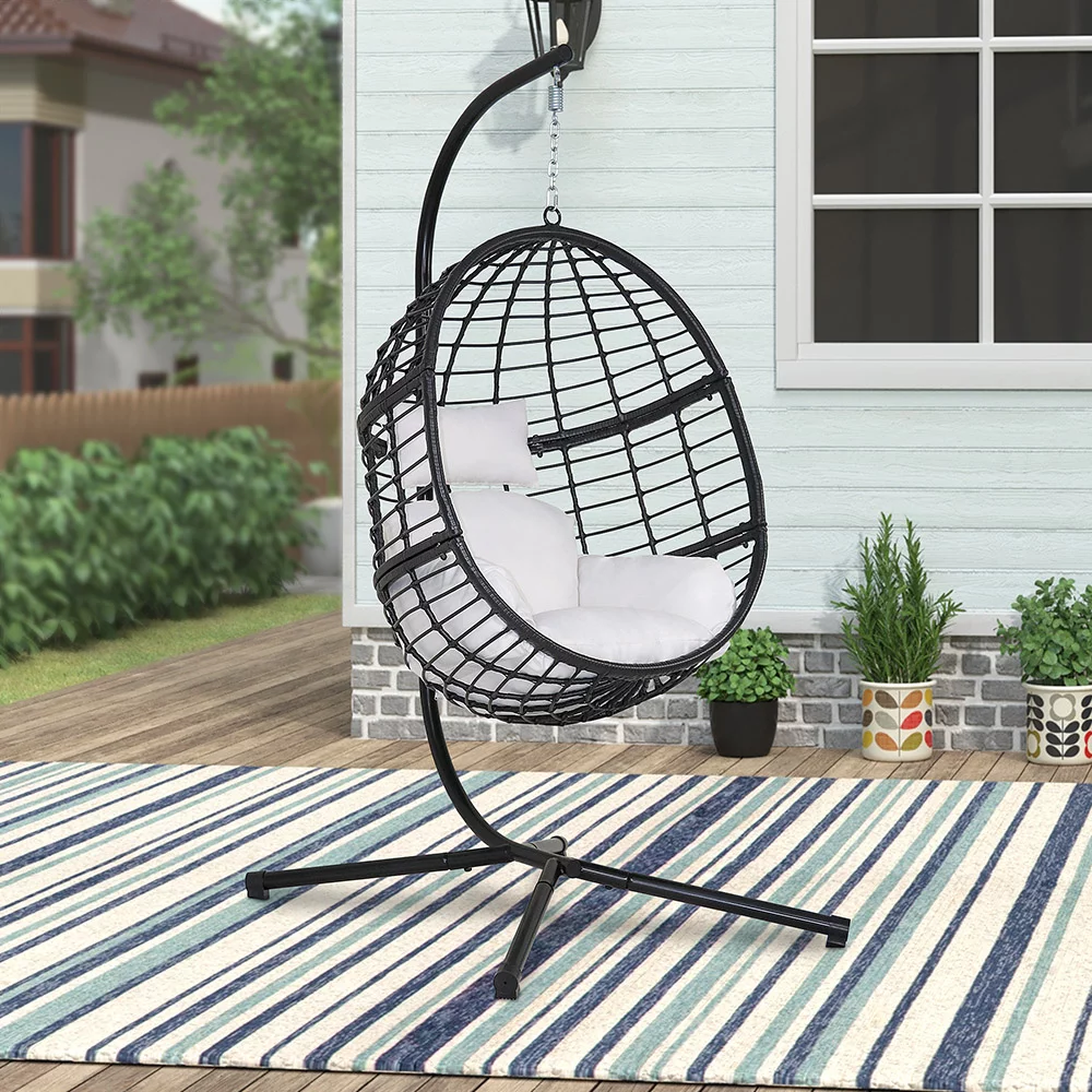 Abble Wicker Hanging Egg Chair with Cushion and Stand - Black