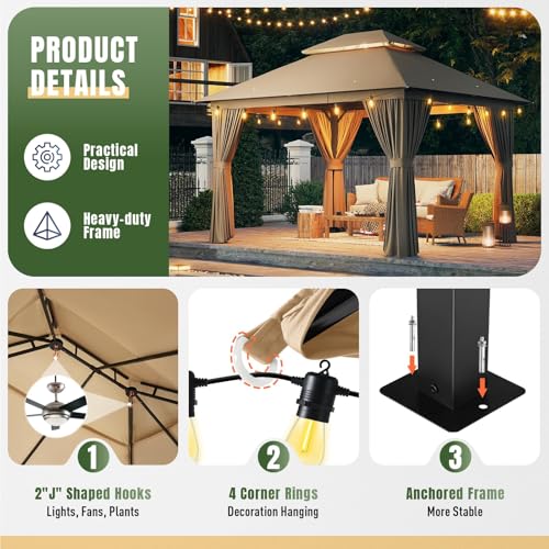 AOXUN Outdoor Gazebo for Patio 10x12, Metal Frame Canopy with Double Roofs