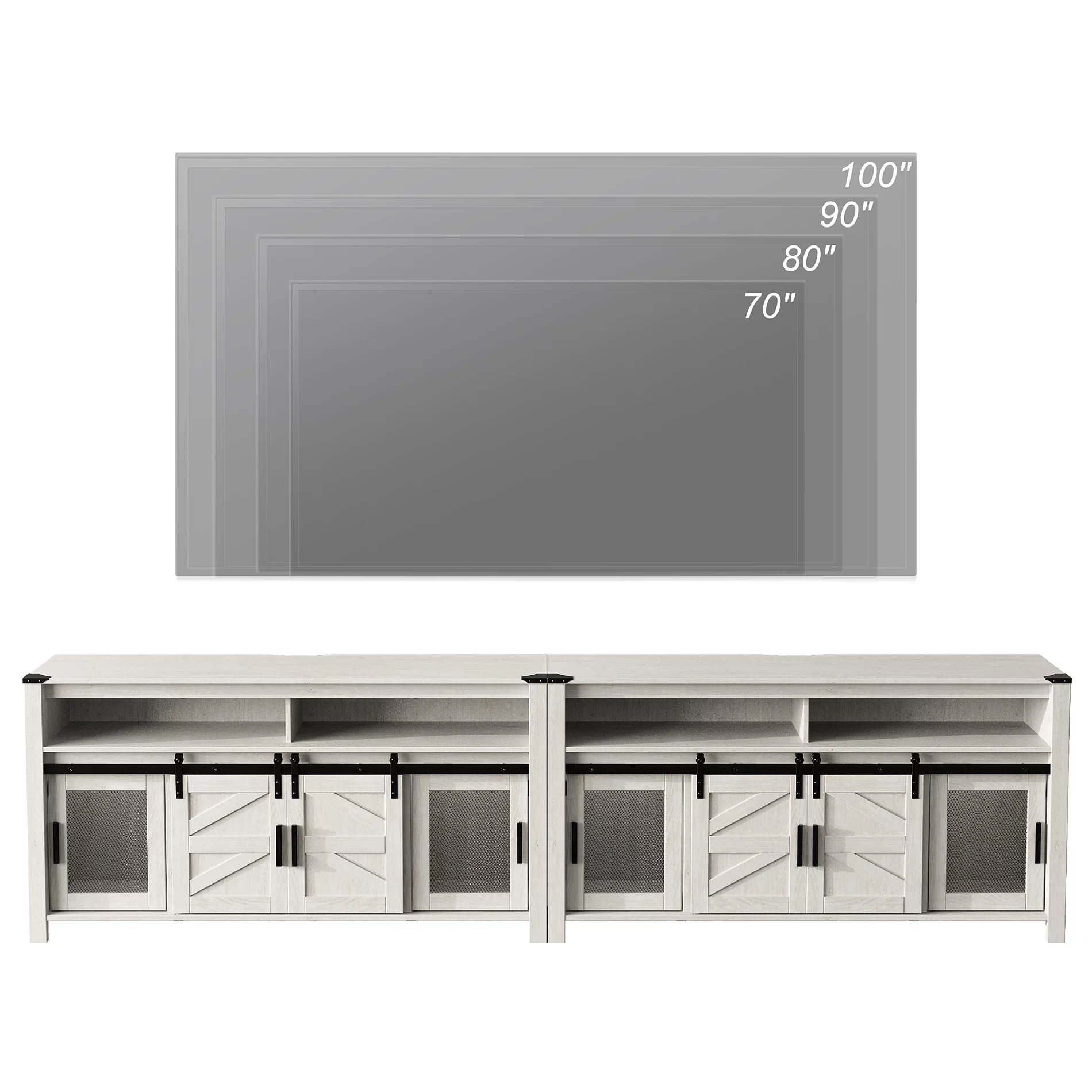 2-in-1 Farmhouse TV Stands for 100+ Inch TV, Antique White 118" Wooden Entertainment Center with Mesh and Barn Doors