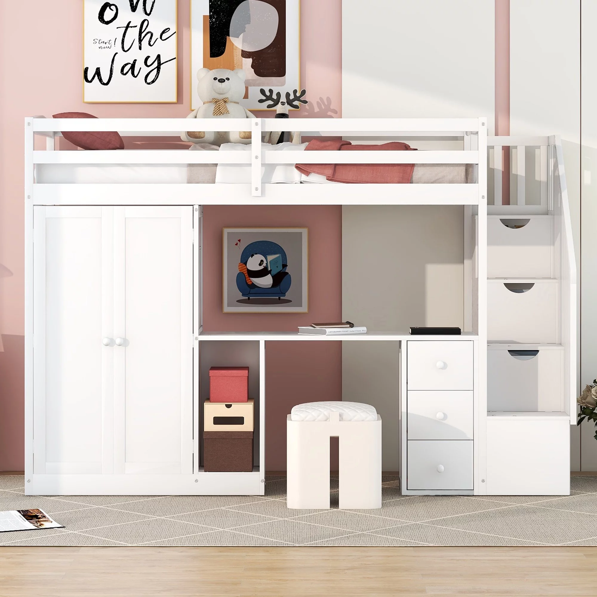 Bellemave Twin Size Loft Bed with Wardrobe and Staircase, Desk and Storage Drawers and Cabinet, Wood All-In-One Loft Bed Frame for Kids, Teens (White)