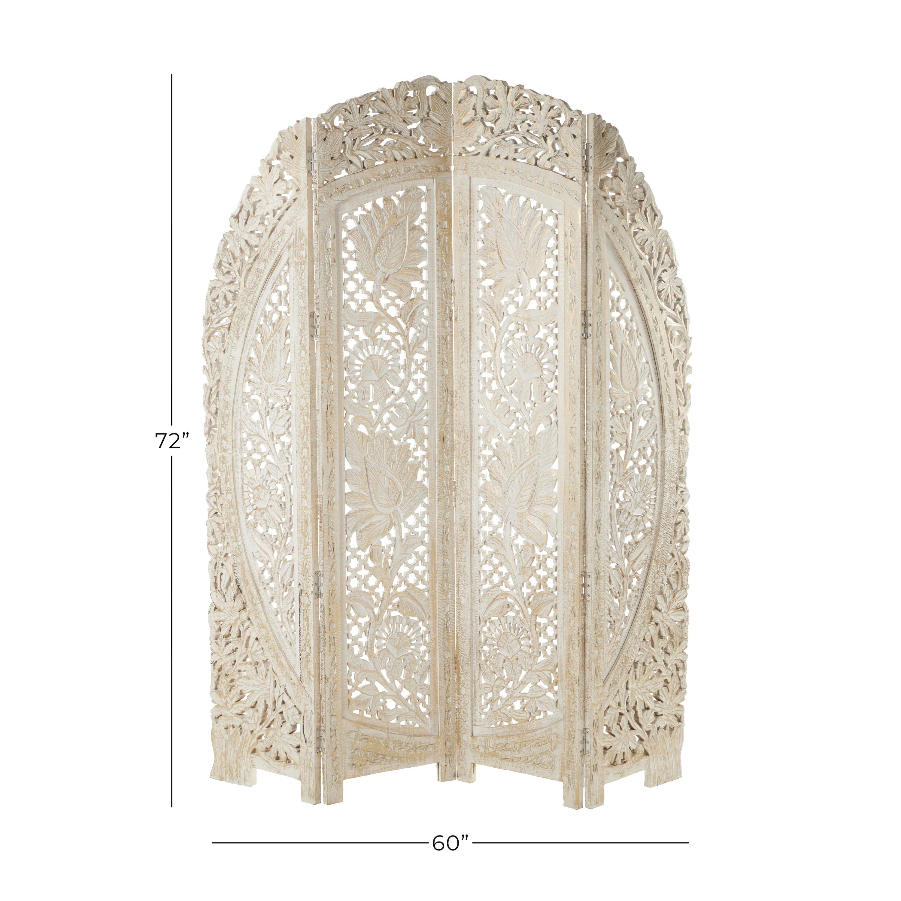 DecMode 60" x 72" White Wood Floral Handmade Foldable Arched Partition 4 Panel Room Divider Screen with Intricately Carved Designs, 1-Piece