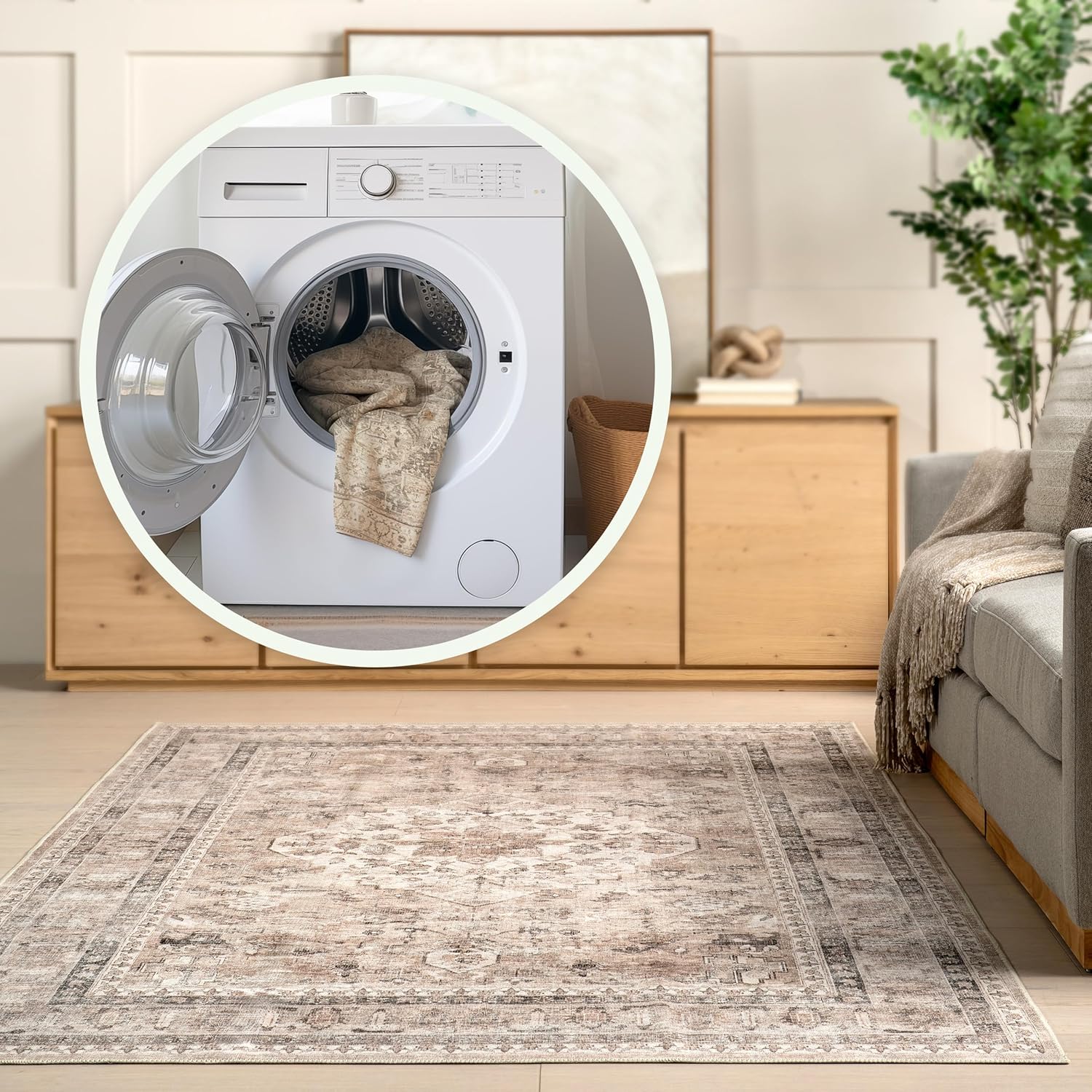 nuLOOM Davi Medallion 6x9 Spill Proof Machine Washable Area Rug for Living Room Bedroom Dining Room, Stone/Ivory