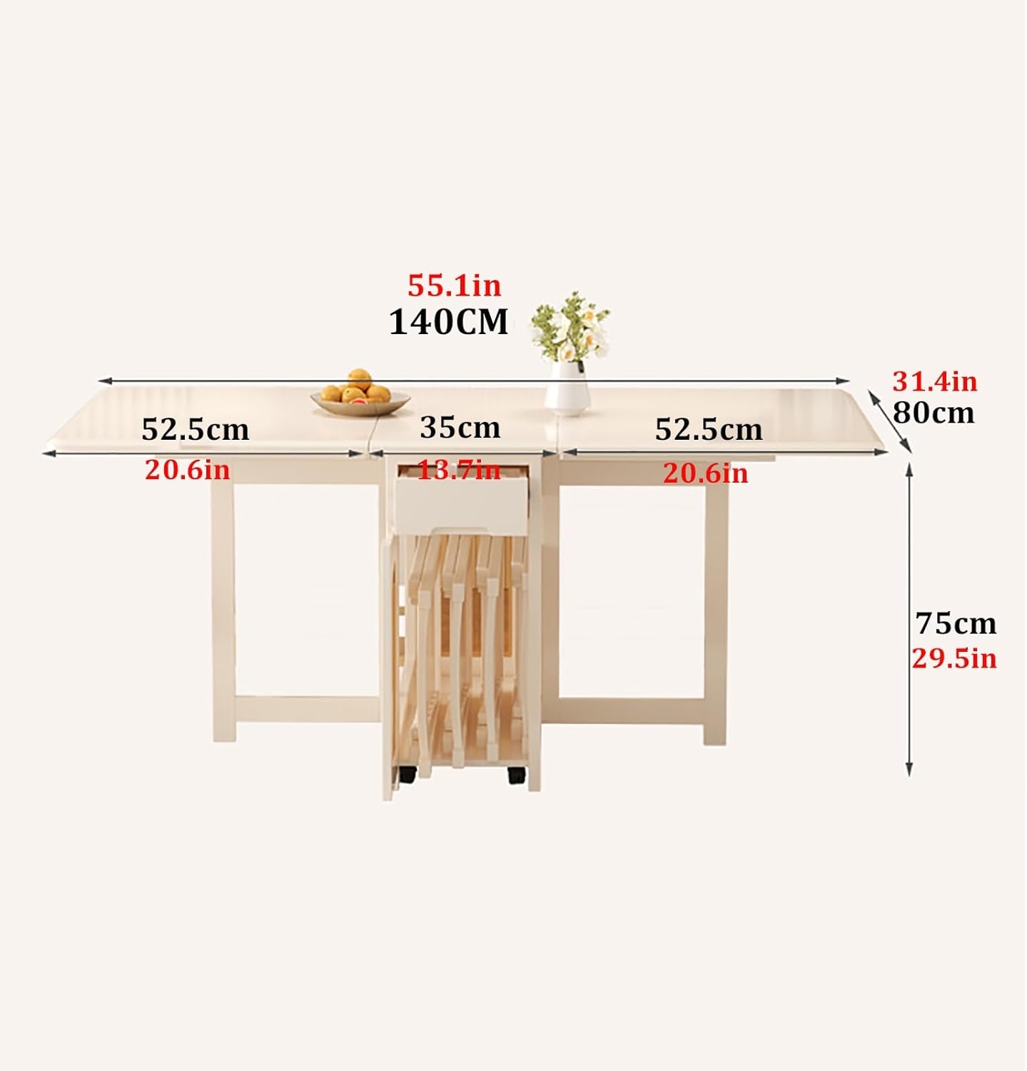 Folding Dining Table with Chairs Rack and 1 Storage Drawers, Movable Extendable Space Saving Table, 4 Universal Wheels, for Dining Room, Kitchen
