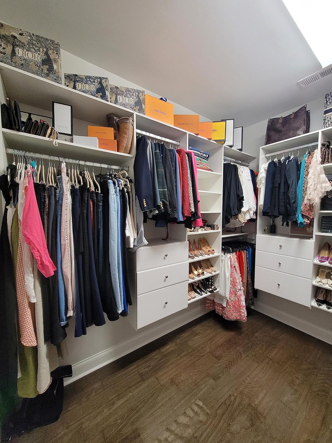 Dual Tower Closet Storage Wall Mounted Wardrobe Organizer Kit System with Shelves and Drawers for Bedroom in White with Hardware Wood Closet