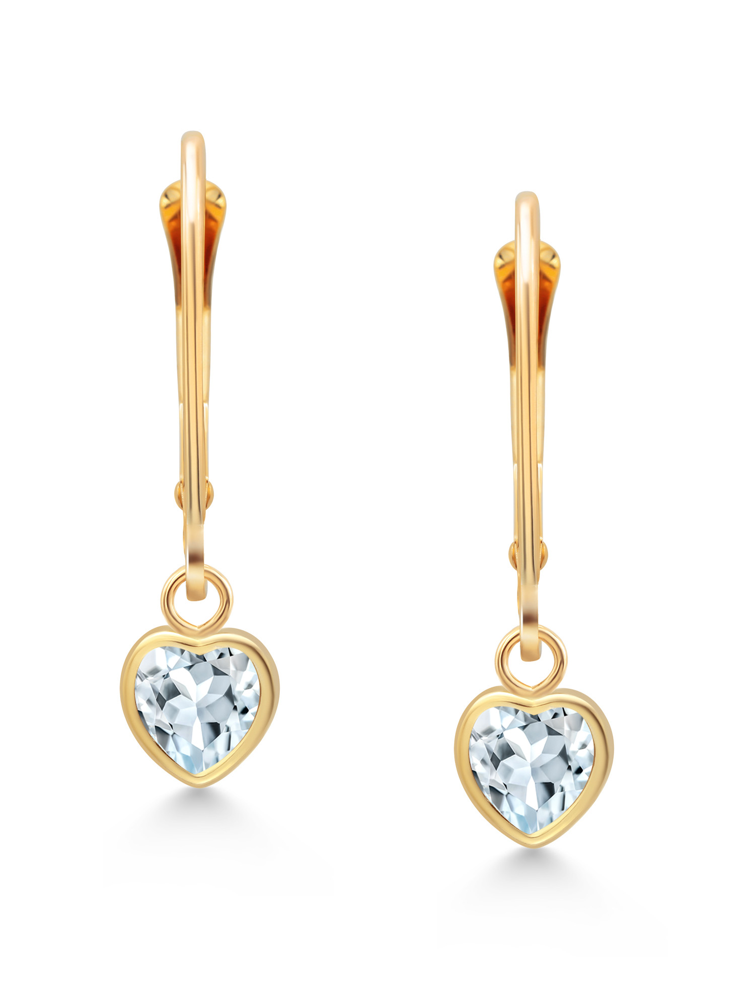 Gem Stone King 14K Yellow Gold Sky Blue Aquamarine Drop Dangle Leverback Earrings For Women (0.83 Cttw, Gemstone March Birthstone, Heart Shape 5MM)