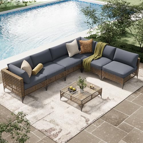 U-MAX 7 Piece Outdoor Patio Furniture Set, PE Rattan Outdoor Wicker Sectional Furniture Chair Set with Cushions and Tea Table