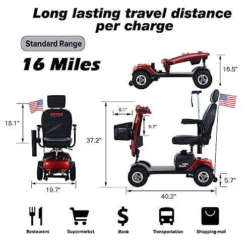 4 Wheel Mobility Scooter, Portable Electric Power Wheelchair, Range Extended Battery Compact Heavy Duty Travel Scooter